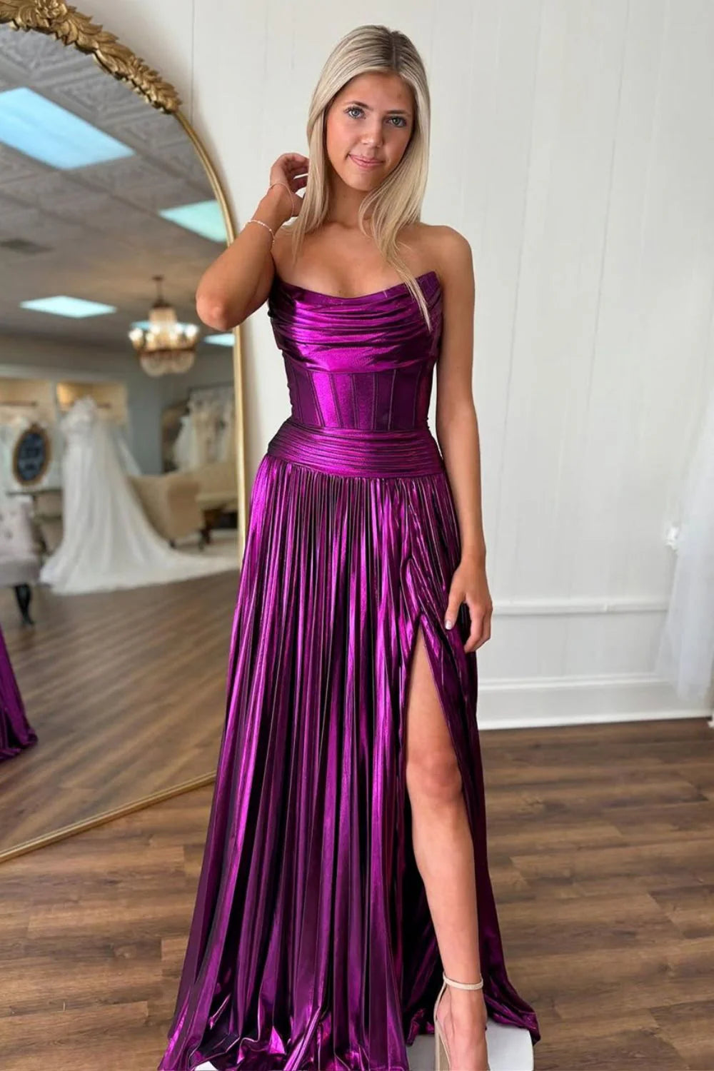 Plum A-Line Strapless Long Pleated Metallic Prom Dress